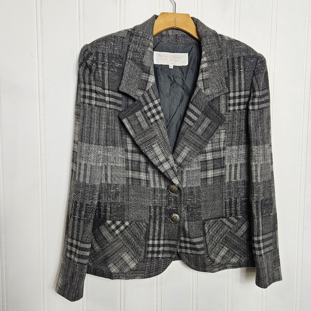 Nina Ricci Wool Tweed Blazer 42 Gray Patchwork Double Button France - Picture 2 of 13